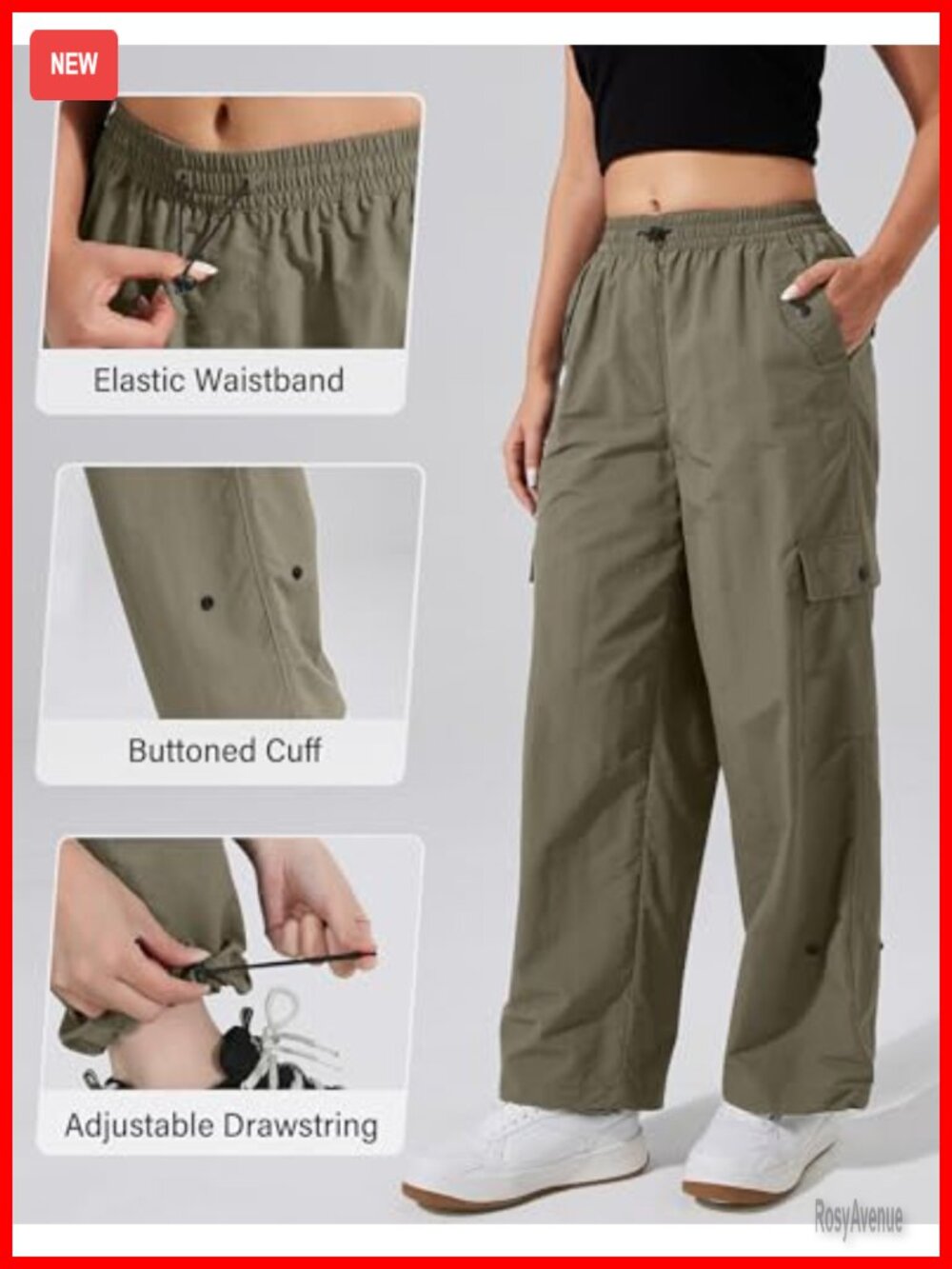 Parachute Cargo Pants with Pockets Baggy High Waisted Quick Dry Hiking Pants - Picture 5 of 6